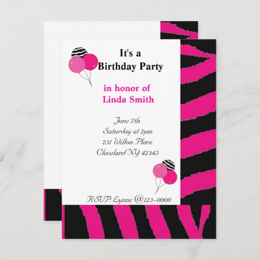 Roze en zwarte Zebra Pattern Birthday Invitation Kaart (Voorkant / Achterkant)