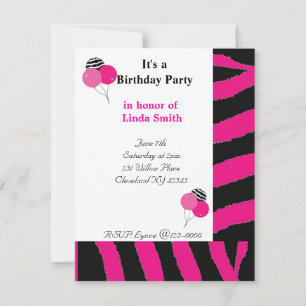 Roze en zwarte Zebra Pattern Birthday Invitation Kaart