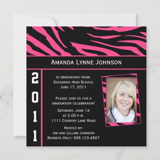 Roze en zwarte zebra print Afstuderen uitnodiging (Voorkant)