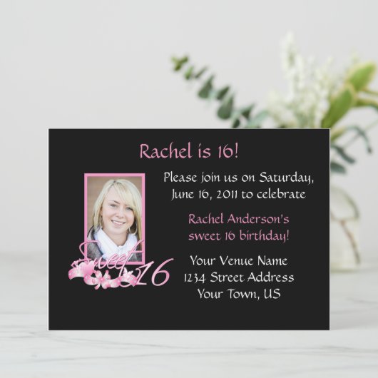 Roze en zwarte zoet 16 Uitnodiging (Staand voorkant)