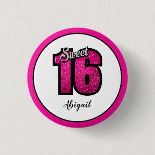 Roze en zwarte zoete 16 Birthday Glitter Button