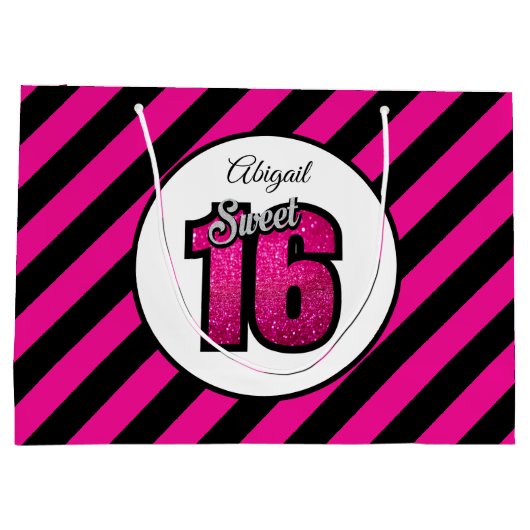 Roze en zwarte zoete 16 Glitter Birthday Large Gif Groot Cadeauzakje (Achterkant)