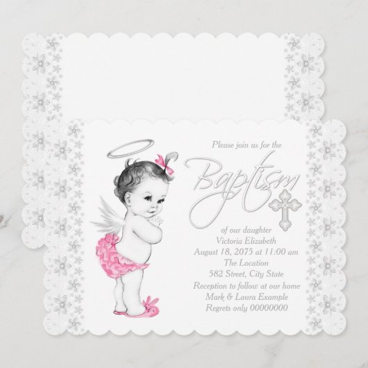 Roze engel Baby meisje doop Kaart (Voorkant / Achterkant)