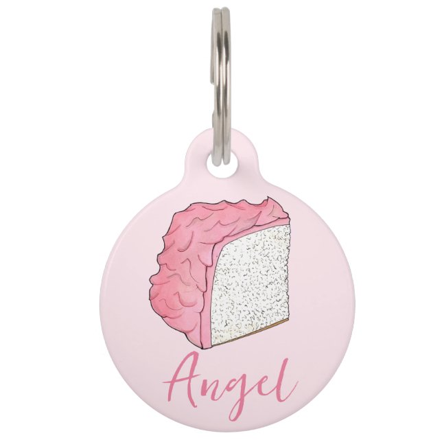 Roze Engel Eten Cake Slice Baking Gepersonaliseerd Huisdierpenning (Voorkant)