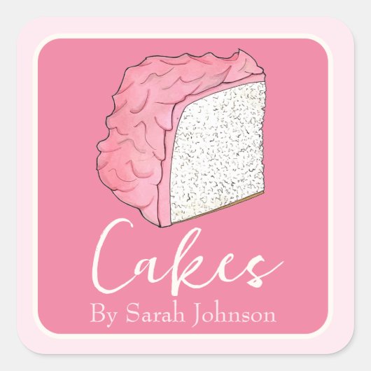 Roze Engel Eten Cake Zelfgemaakt Gebakken Door Vierkante Sticker (Voorkant)
