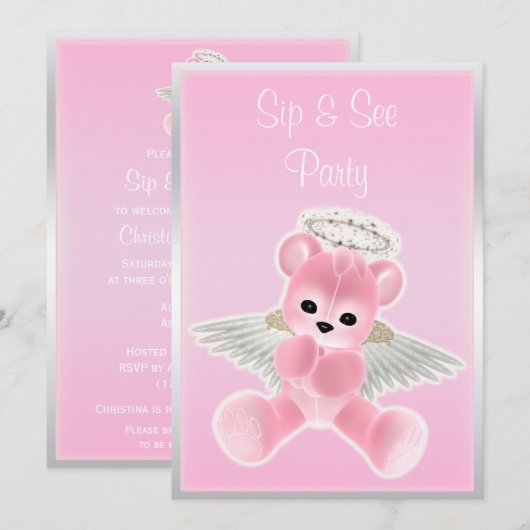 Roze Engel Teddybeer Sip & See Kaart (Voorkant / Achterkant)