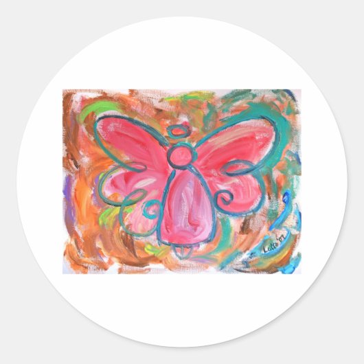 roze engel voor valbladeren ronde sticker (Voorkant)