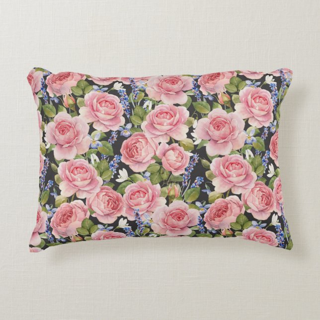 Roze Engels Roos: Dark Waterverf Accent Kussen (Voorkant)