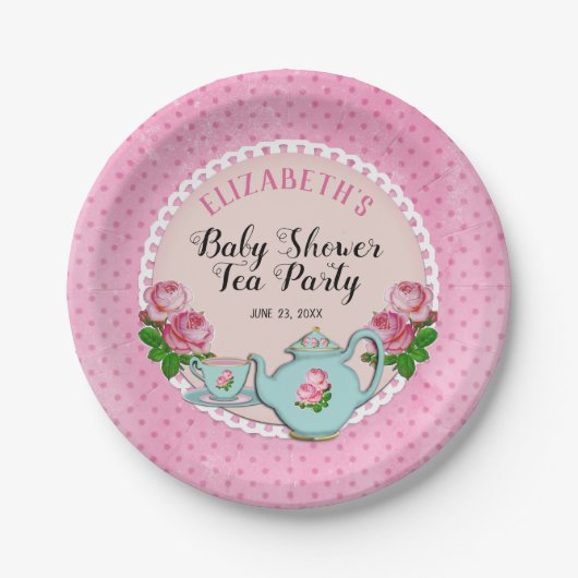 Roze Engelstalige Baby Tea Party Shower Papieren Bordje (Voorkant)