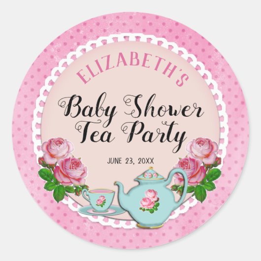 Roze Engelstalige Baby Tea Party Shower Ronde Sticker (Voorkant)