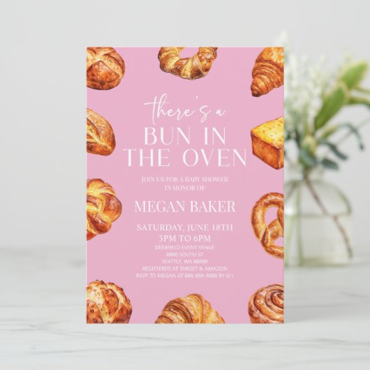 Roze Er zit een broodje in het ovenbrood Baby show Kaart (Staand voorkant)