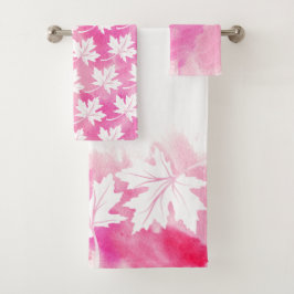Roze esdoornblad aquarel en monogram bad handdoek