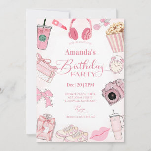 Roze esthetische meisjes verjaardagsfeest uitnodig kaart