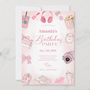 Roze esthetische meisjes verjaardagsfeest uitnodig kaart