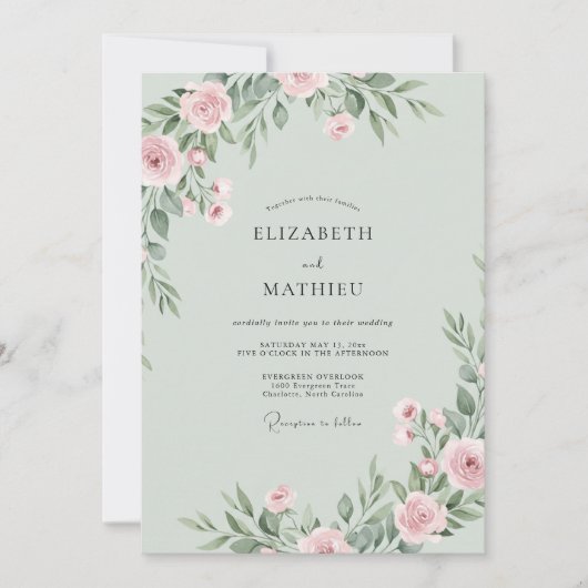 Roze Etherische Bloemen Bruiloft Kaart (Voorkant)