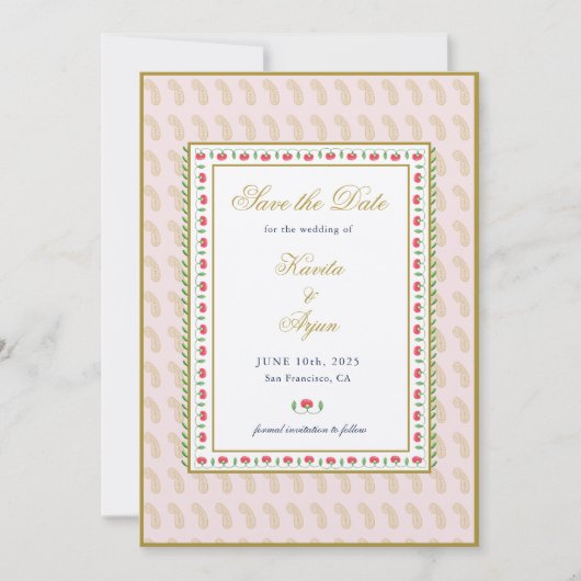 Roze etnisch Floral Lijst Indische bruiloft Kaart (Voorkant)