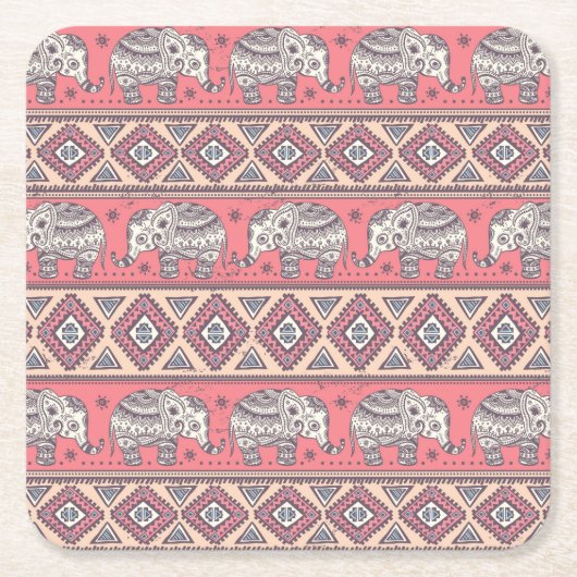 Roze etnisch olifantenpatroon kartonnen onderzetters (Voorkant)