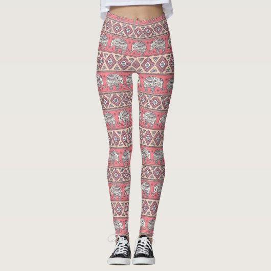 Roze etnisch olifantenpatroon leggings (Voorkant)
