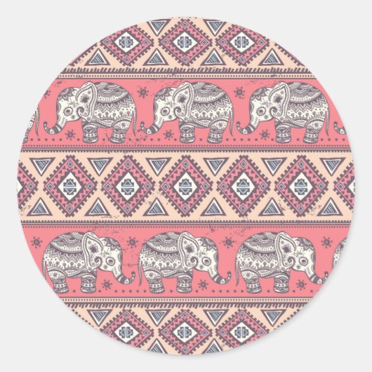 Roze etnisch olifantenpatroon ronde sticker (Voorkant)