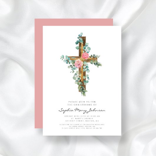 Roze Eucalyptus Cross Religieuze Christening Kaart