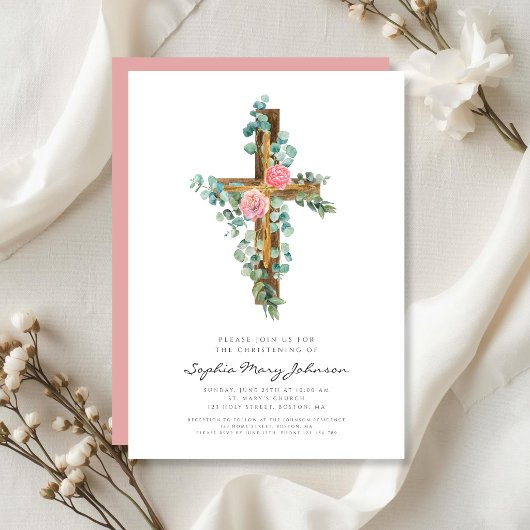 Roze Eucalyptus Kruis Religieuze Doop Kaart