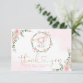 Roze eucalyptusolifant baby shower bedankt kaart (Staand voorkant)