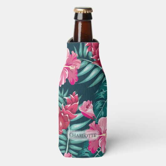 Roze Exotic Flowers Monogram ontwerp Flesjeskoeler (Fles Voorkant)