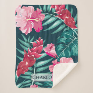 Roze Exotic Flowers Monogram Sherpa Deken