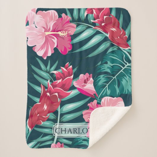 Roze Exotic Flowers Monogram Sherpa Deken (Voorkant)