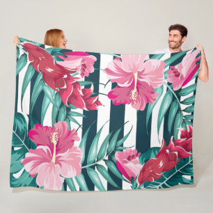 Roze exotische bloemen gestript fleece deken