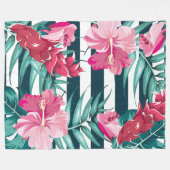 Roze exotische bloemen gestript fleece deken (Voorkant (Horizontaal))