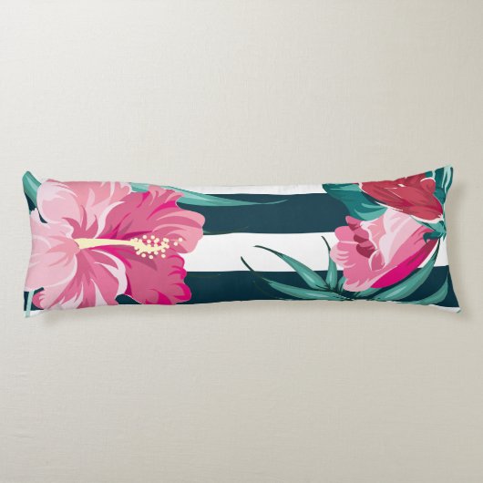 Roze exotische bloemen gestript lichaamskussen (Achterkant)