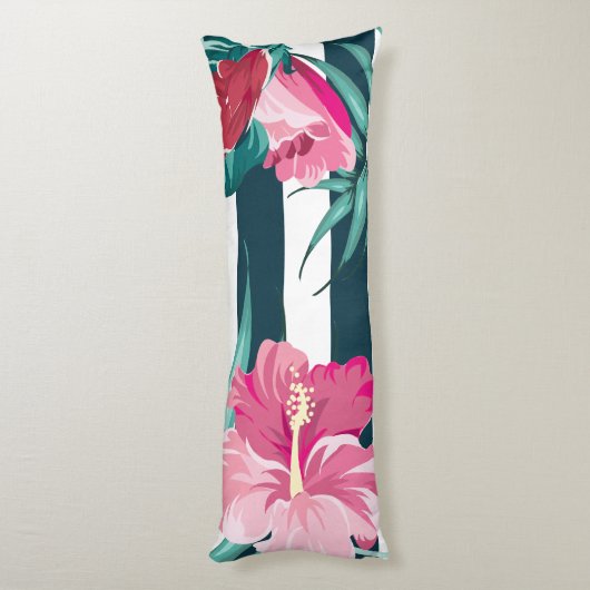 Roze exotische bloemen gestript lichaamskussen (Achterkant (Verticaal))