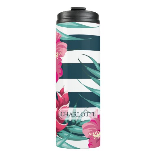 Roze exotische bloemen Monogram gestript Thermosbeker (Voorkant)