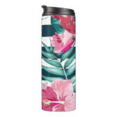 Roze exotische bloemen Monogram gestript Thermosbeker (Geroteerd rechts)