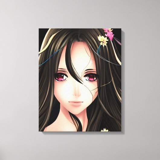 Roze Eyed Brunette Anime Meisje Cartoon Canvas Afdruk (Voorkant)