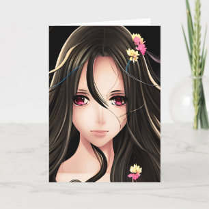 Roze Eyed Brunette Anime Meisje Cartoon Kaart