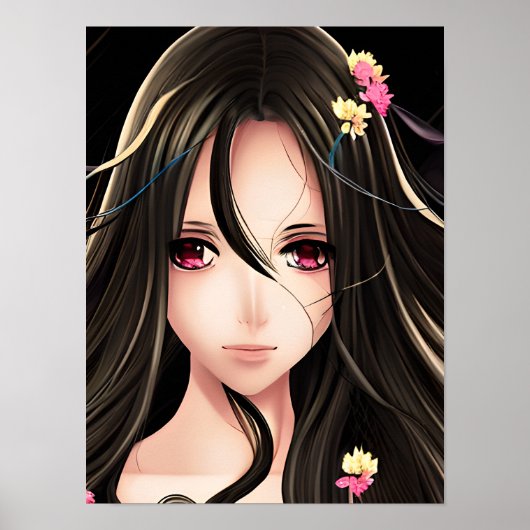 Roze Eyed Brunette Anime Meisje Cartoon Poster (Voorkant)