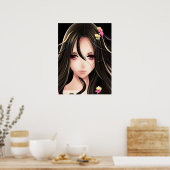 Roze Eyed Brunette Anime Meisje Cartoon Poster (Keuken)