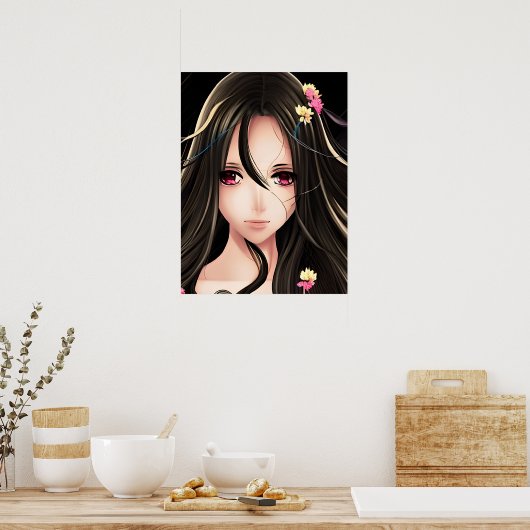 Roze Eyed Brunette Anime Meisje Cartoon Poster (Keuken)