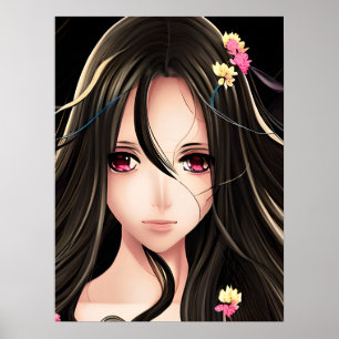 Roze Eyed Brunette Anime Meisje Cartoon Poster
