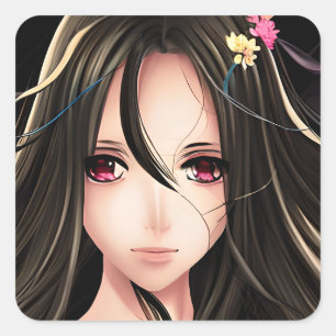 Roze Eyed Brunette Anime Meisje Cartoon Vierkante Sticker