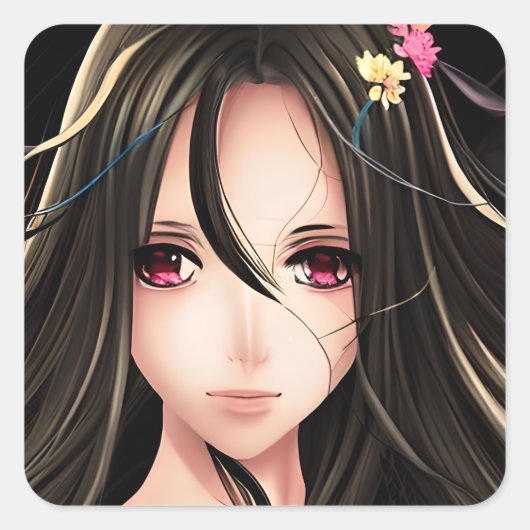 Roze Eyed Brunette Anime Meisje Cartoon Vierkante Sticker (Voorkant)