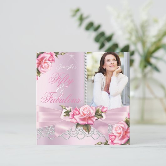 Roze Fabulous 50 Roos Bow Pearls Foto van Birthday Kaart (Staand voorkant)