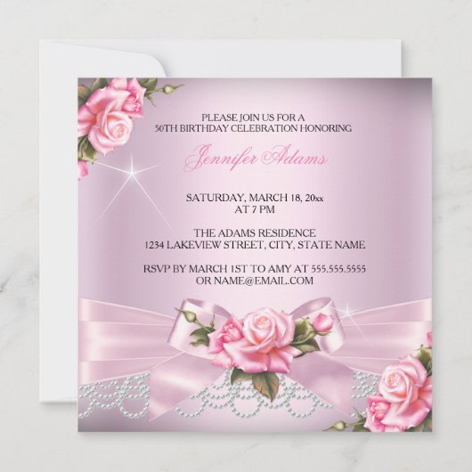 Roze Fabulous 50 Roos Bow Pearls Foto van Birthday Kaart (Achterkant)