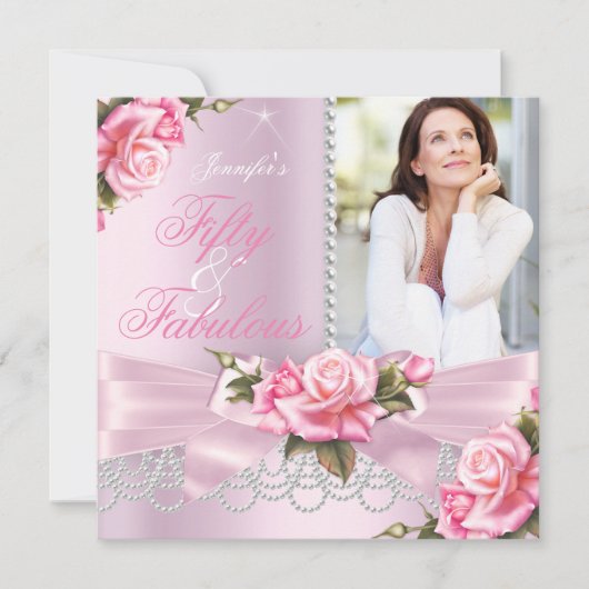 Roze Fabulous 50 Roos Bow Pearls Foto van Birthday Kaart (Voorkant)