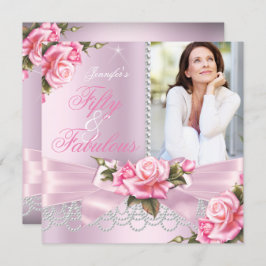 Roze Fabulous 50 Roos Bow Pearls Foto van Birthday Kaart