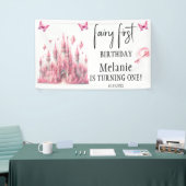 Roze Fairy Castle Roze Vlinders Eerste Verjaardag Spandoek (Beurs)