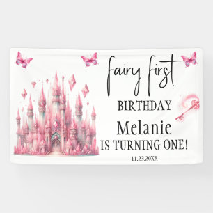 Roze Fairy Castle Roze Vlinders Eerste Verjaardag Spandoek