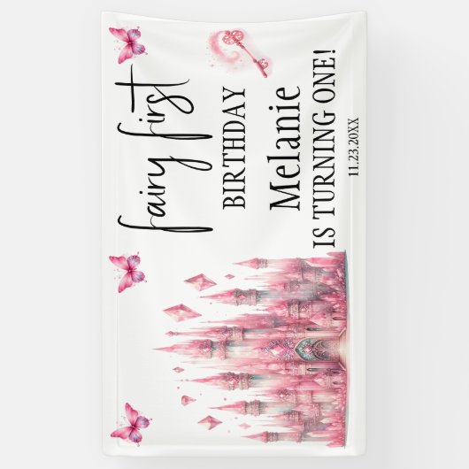 Roze Fairy Castle Roze Vlinders Eerste Verjaardag Spandoek (Verticaal)